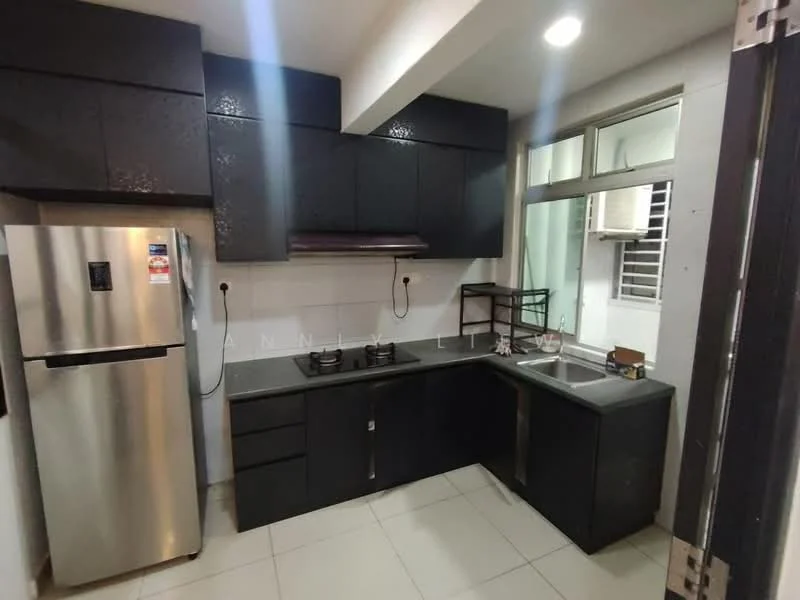 Kitchen features: black cabinetry, stainless-steel fridge, built-in gas hob with 2 burners, stainless-steel sink, chrome pull-down faucet, grey countertop, white tiled backsplash, wall-mounted range hood, window with blinds, light-colored floor tiles; style: modern.