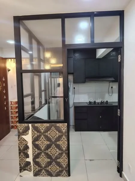 Kitchen features: black cabinetry, white tiled backsplash, gas stove with two burners, white countertop, glass partition wall, grey floor tiles, recessed ceiling lights, open layout, wall-mounted electrical outlets; style: modern.