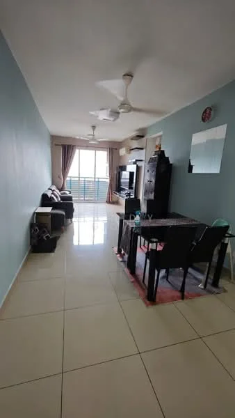 Living features: light blue painted walls, glossy beige tile flooring, 5-blade ceiling fan with light, sofa with cushions, coffee table, TV console, wall-mounted TV, curtains, dining table with chairs, decorative wall clock, area rug; style: modern; view: city.