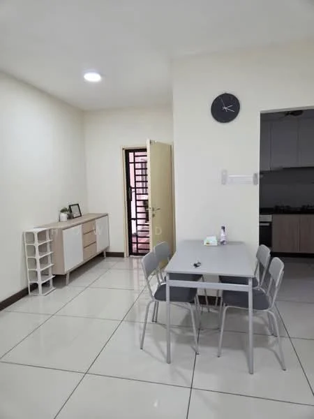 Dining features: white painted walls, glossy ceramic tile flooring, ceiling light, round wall clock, 4-seater dining table, grey upholstered dining chairs, sideboard with white and wood finish, open doorway, kitchen area visible in background; style: modern.