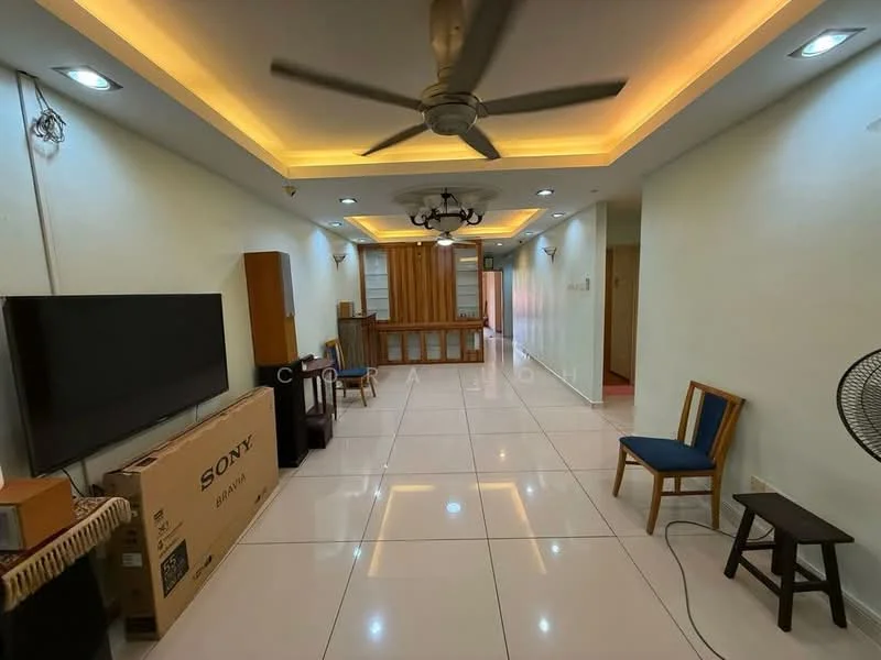 Living features: white painted walls, polished tile flooring, tray ceiling with recessed lighting, 5-blade ceiling fan with light, wall-mounted TV, wooden console cabinet, two wooden chairs, decorative ceiling light, large open space, air conditioning unit; style: modern.