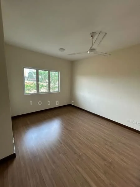 Room features: light brown laminate flooring, white painted walls, ceiling fan, two windows, natural light, no visible furniture; style: minimalist; view: garden.