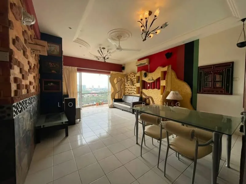 Living features: white tiled flooring, exposed brick accent wall, red painted wall, green painted wall, black feature wall, sofa in black leather, glass dining table, metal dining chairs, ceiling fan with light, recessed downlights, floor-to-ceiling windows, curtains in beige, decorative wall art, TV console, balcony view of city skyline; style: modern; view: city.