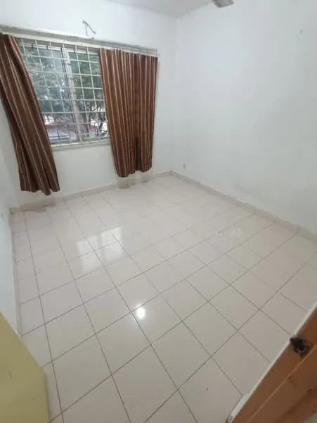 Room features: white painted walls, cream tiled flooring, floor-to-ceiling window, brown curtains, single door, no visible furniture.