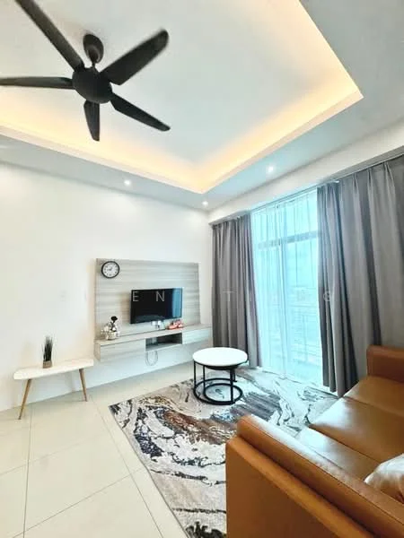 Living features: 5-blade ceiling fan with integrated LED light, white painted walls, tray ceiling with recessed lighting, large sliding glass door, floor-to-ceiling curtains, light-colored tiled flooring, brown leather sofa, round coffee table, wall-mounted TV, decorative wall clock, area rug with abstract pattern; style: modern; view: city.