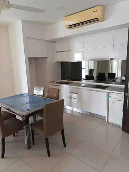 Kitchen features: white cabinetry, black glass backsplash, stainless-steel sink, chrome pull-down faucet, built-in oven, freestanding range oven, dishwasher, microwave, refrigerator, 4-burner gas hob, ceiling-mounted air conditioning unit, dining table with four chairs, tile flooring; style: modern.
