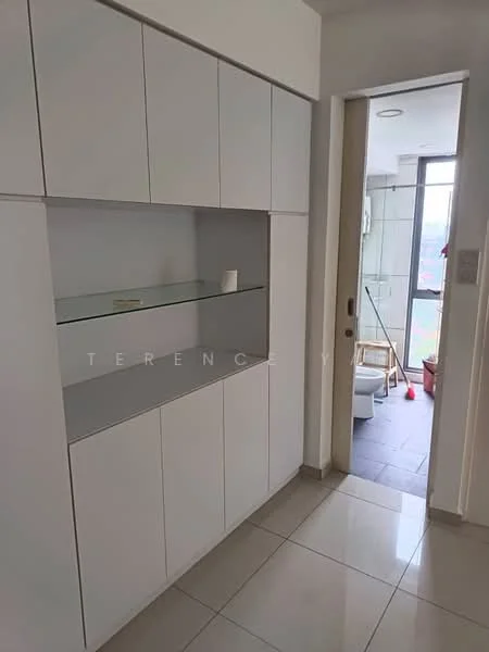 Room features: white cabinetry, glass shelving, tile flooring, neutral wall color, doorway leading to another room, natural light from window, clean lines, minimalist design; style: modern; view: city.