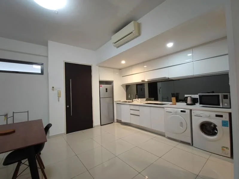 Kitchen features: white cabinetry, stainless-steel fridge, built-in oven, microwave, stainless-steel sink, chrome pull-down faucet, ceramic tile flooring, recessed LED downlights, 1 wall-mounted split AC, washing machine, countertop with backsplash, open shelving; style: modern.