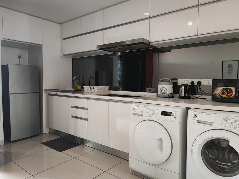 Kitchen features: white high-gloss cabinetry, stainless-steel countertop, built-in oven, stainless-steel range hood, single-bowl stainless-steel sink, chrome pull-down faucet, ceramic tile flooring, recessed downlights, fridge, front-load washing machine, tumble dryer, microwave; style: modern.