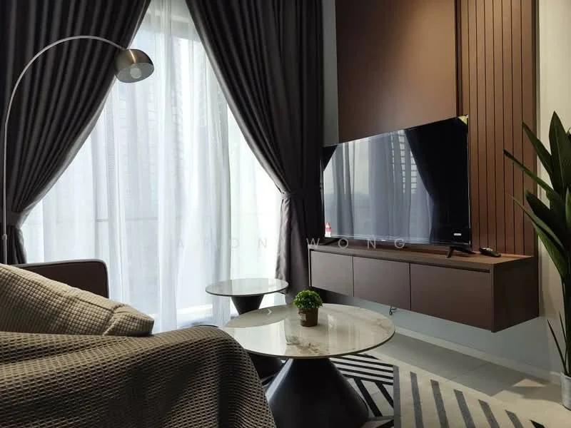 Living features: floor-to-ceiling windows, sheer curtains, dark grey drapes, wall-mounted TV, TV console with storage, round coffee table with marble top, grey fabric sofa, decorative plant, area rug with geometric pattern, wood panel accent wall, recessed lighting; style: modern; view: city.