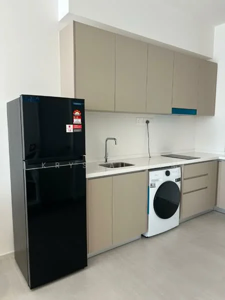 Kitchen features: black fridge, white front-load washing machine, light beige cabinetry, white countertop, stainless-steel sink, chrome faucet, built-in oven, tile backsplash, grey tile flooring, wall-mounted electrical outlets, under-cabinet lighting; style: modern.
