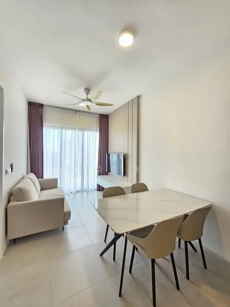 Dining features: 4-seater dining table with marble top, beige dining chairs, sofa in light grey fabric, wall-mounted TV, floor-to-ceiling windows, sheer curtains, ceiling fan with light, light-colored tiled flooring, neutral painted walls; style: modern.