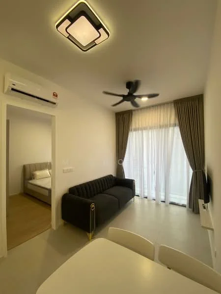 Living features: 5-blade ceiling fan with light, sofa in black fabric, coffee table, wall-mounted TV, floor-to-ceiling windows, sheer curtains, light-colored walls, tile flooring, recessed ceiling lights; style: modern. Room features: doorway leading to another room, wooden flooring visible in adjacent room.