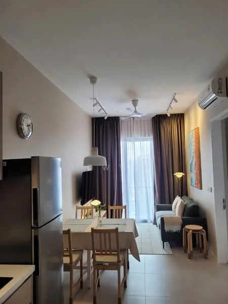 Living features: 3-seater fabric sofa in dark green, wooden coffee table, TV console, wall-mounted TV, area rug, floor-to-ceiling windows, sheer curtains, blackout curtains, ceiling fan with light, recessed downlights, decorative artwork, dining table with 4 wooden chairs, stainless-steel fridge, kitchen cabinetry; style: modern.