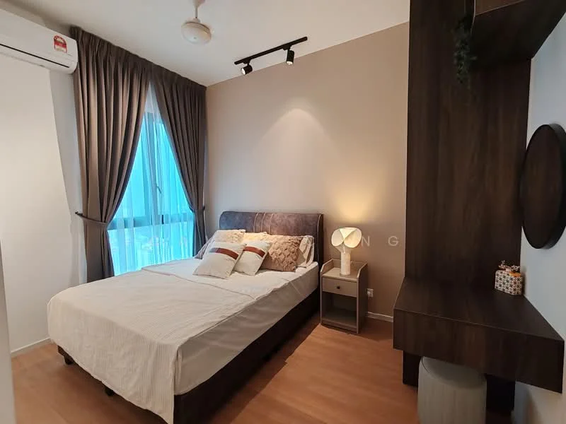 Bedroom features: king-size bed with upholstered headboard, white bedding with decorative pillows, nightstand with lamp, wooden flooring, floor-to-ceiling windows with sheer curtains, ceiling fan, wall-mounted shelf, decorative wall mirror; style: modern; view: city.