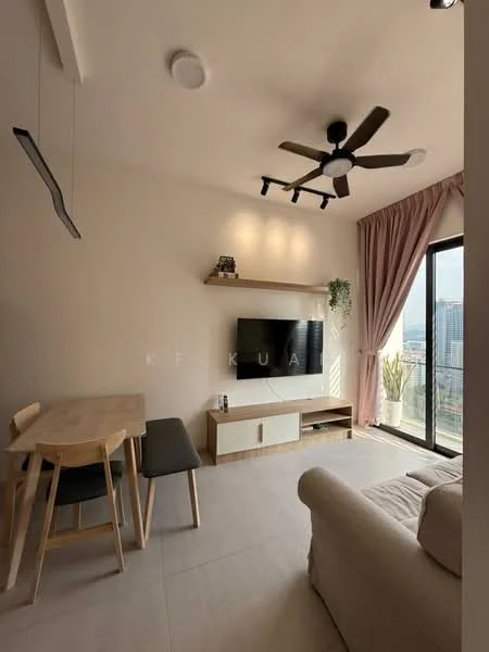 Living features: 5-blade ceiling fan with light, wall-mounted TV, light wood TV console, cream sofa, dining table for two, grey upholstered dining chair, shelf with decorative plant, floor-to-ceiling windows, curtains in light fabric, neutral painted walls, light-colored flooring; style: modern; view: city.