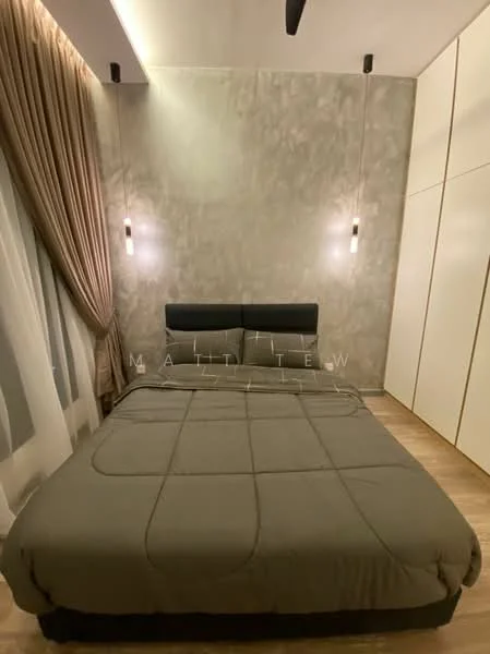 Bedroom features: king-size bed with upholstered headboard, grey bedding, wooden flooring, cream painted walls, accent wall with textured finish, floor-to-ceiling windows with sheer curtains, 2 wall-mounted pendant lights, built-in wardrobe with sliding doors, ceiling fan; style: modern.