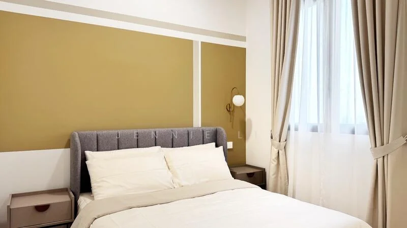 Bedroom features: queen-size bed with grey upholstered headboard, white bedding, two bedside tables with drawers, wall-mounted sconce light, cream curtains, large window with sheer treatment, accent wall in beige, white painted walls; style: modern.