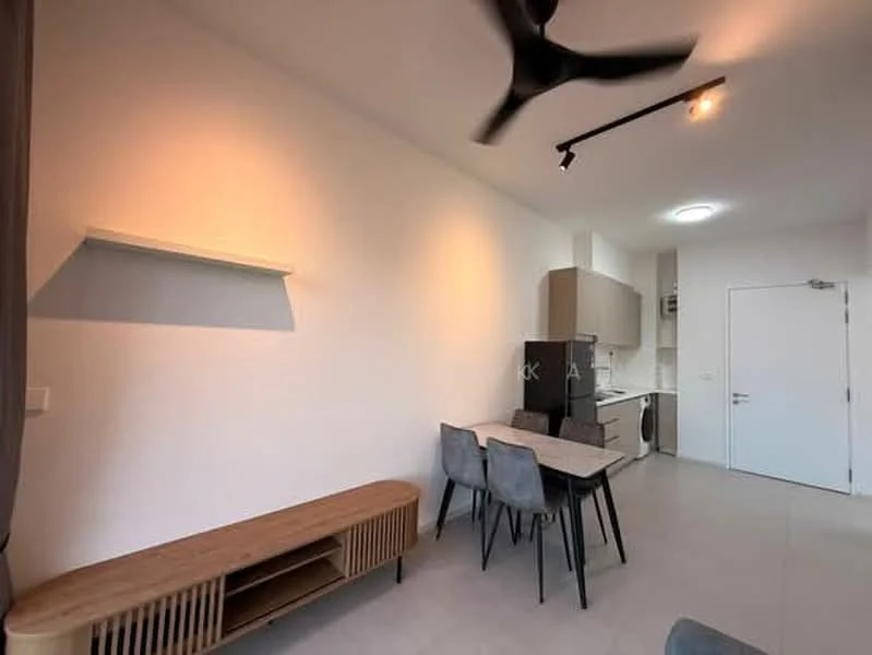 Dining features: dining table with four chairs, wooden sideboard, white painted walls, recessed ceiling lights, ceiling fan, grey tile flooring, kitchen cabinetry, kitchen appliances visible; style: modern.