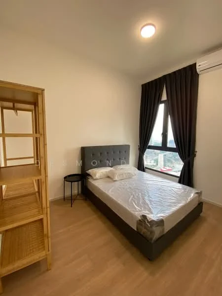 Bedroom features: queen-size bed with mattress protector, upholstered headboard in grey, wooden shelving unit, black bedside table, floor-to-ceiling window, blackout curtains, light-colored laminate flooring, wall-mounted split AC; style: modern; view: city.