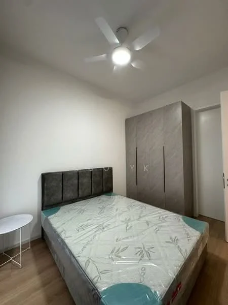 Bedroom features: queen-size bed, upholstered headboard, light wood flooring, ceiling fan with light, built-in wardrobe with grey finish, white walls, nightstand with round top, door leading to hallway; style: modern.