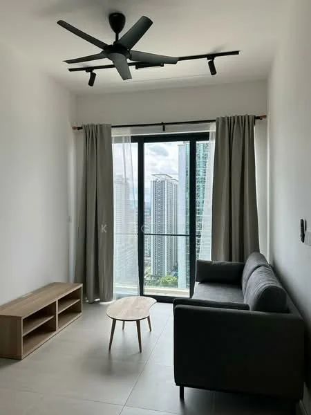 Living features: 5-blade ceiling fan with light, floor-to-ceiling windows, grey fabric sofa, wooden coffee table, TV console with open shelving, curtains, neutral painted walls, tile flooring; style: modern; view: city.