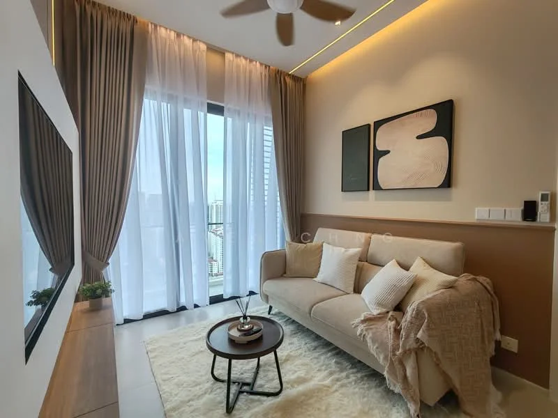 Living features: 3-seater fabric sofa in beige, round coffee table, area rug with geometric pattern, floor-to-ceiling windows, sheer curtains, dropped ceiling with LED strip lighting, ceiling fan, wall-mounted TV, decorative wall art, wall-mounted light switch, neutral painted walls, light-colored flooring; style: modern; view: city.