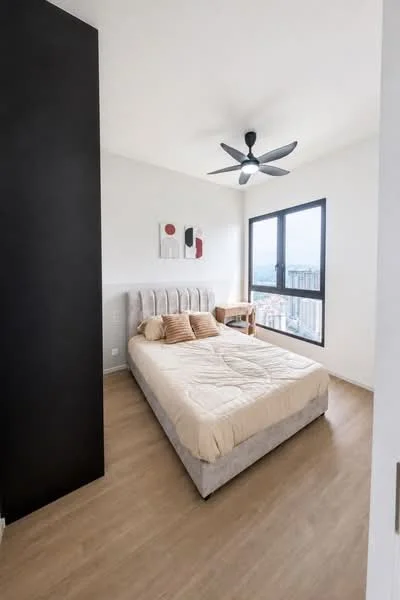 Bedroom features: queen-size bed, upholstered headboard, bedside table, 5-blade ceiling fan with light, large window with city view, wooden flooring, decorative wall art, throw pillows; style: modern; view: city.