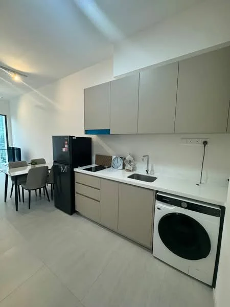 Kitchen features: grey cabinetry, white countertop, single-bowl stainless-steel sink, chrome pull-down faucet, built-in washing machine, black refrigerator, 4-burner gas hob, dining table with 4 chairs, tile flooring, wall-mounted cabinets, open shelving; style: modern.