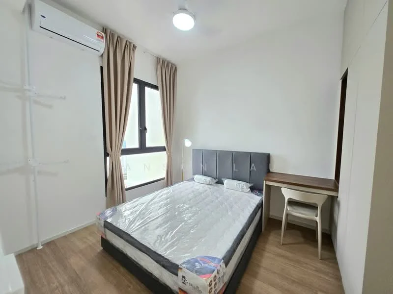 Bedroom features: queen-size bed with mattress, upholstered headboard, wooden flooring, floor-to-ceiling window, sheer curtains, wall-mounted air conditioning unit, desk with chair, built-in wardrobe, table lamp; style: modern.