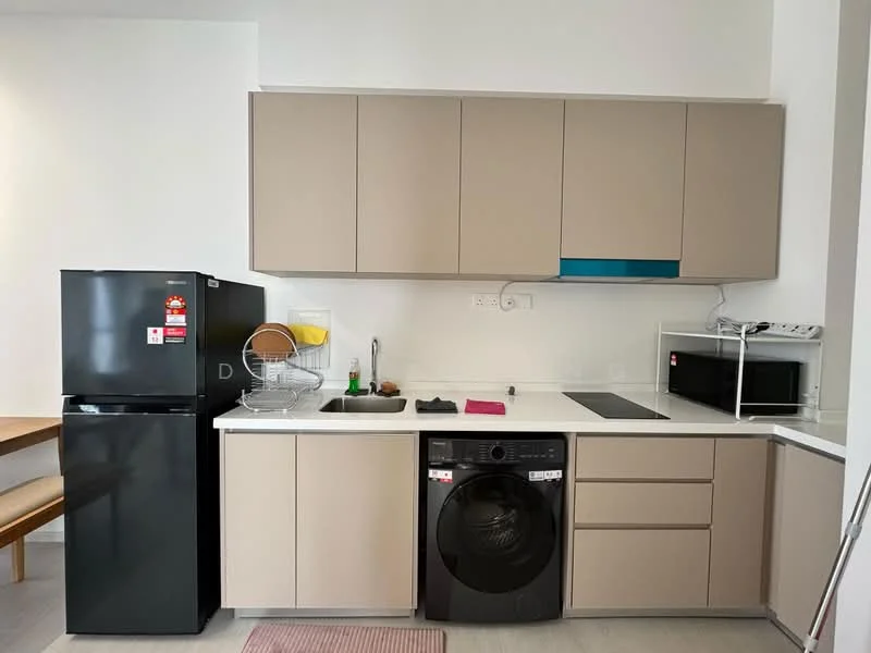Kitchen features: light beige cabinetry, black refrigerator, built-in microwave, single-bowl stainless-steel sink, chrome pull-down faucet, black washing machine, white countertop, ceramic tile flooring, wall-mounted shelf, kitchen towel, kitchen utensils, wooden dining table, grey area rug; style: modern.