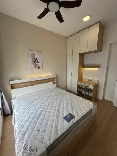 Bedroom features: queen-size bed, wooden headboard, built-in wardrobe with sliding doors, study desk with chair, ceiling fan with light, wooden flooring, neutral painted walls, decorative wall art; style: modern.