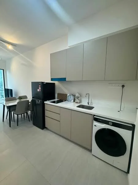 Kitchen features: grey cabinetry, white countertop, single-bowl stainless-steel sink, chrome pull-down faucet, built-in washing machine, black fridge, 4-burner gas hob, dining table with 4 chairs, tile flooring, recessed downlights; style: modern.
