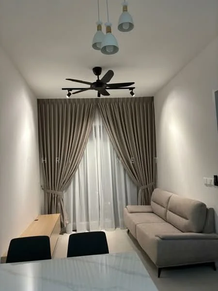 Living features: 3-blade ceiling fan with light, sofa in light grey fabric, wooden coffee table, floor-to-ceiling windows with sheer curtains, beige curtains, white painted walls, light-colored flooring, decorative wall, LED lighting; style: modern.