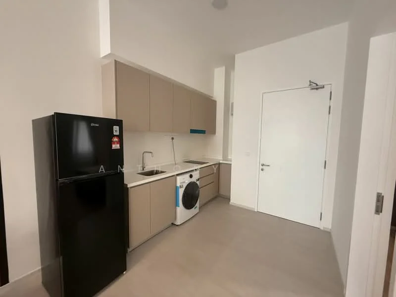 Kitchen features: black fridge, white single-bowl stainless-steel sink, chrome pull-down faucet, light brown cabinetry, white countertop, built-in washing machine, wall-mounted cabinets, tile flooring, white walls, door to hallway; style: modern.