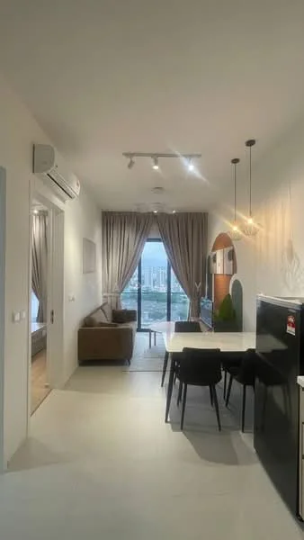 Living features: floor-to-ceiling windows, curtains, 3-seater fabric sofa in brown, dining table for 4 with black chairs, recessed downlights, air conditioning unit, light fixtures above dining table, white walls, tile flooring, decorative wall art; style: modern; view: city. Room features: doorway leading to another room, visible hallway, grey accent wall.