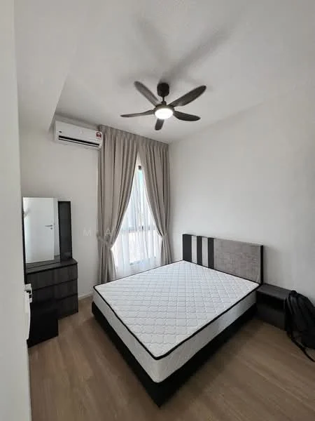 Bedroom features: queen-size bed, upholstered headboard, bedside table, black dresser with mirror, floor-to-ceiling window, sheer curtains, 5-blade ceiling fan with light, wall-mounted split AC, laminate flooring, white painted walls; style: modern.