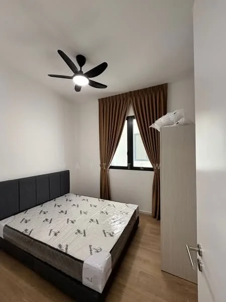 Bedroom features: queen-size bed, upholstered headboard, wooden flooring, white painted walls, ceiling fan with light, floor-to-ceiling window, brown curtains, built-in wardrobe, decorative pillow; style: modern.