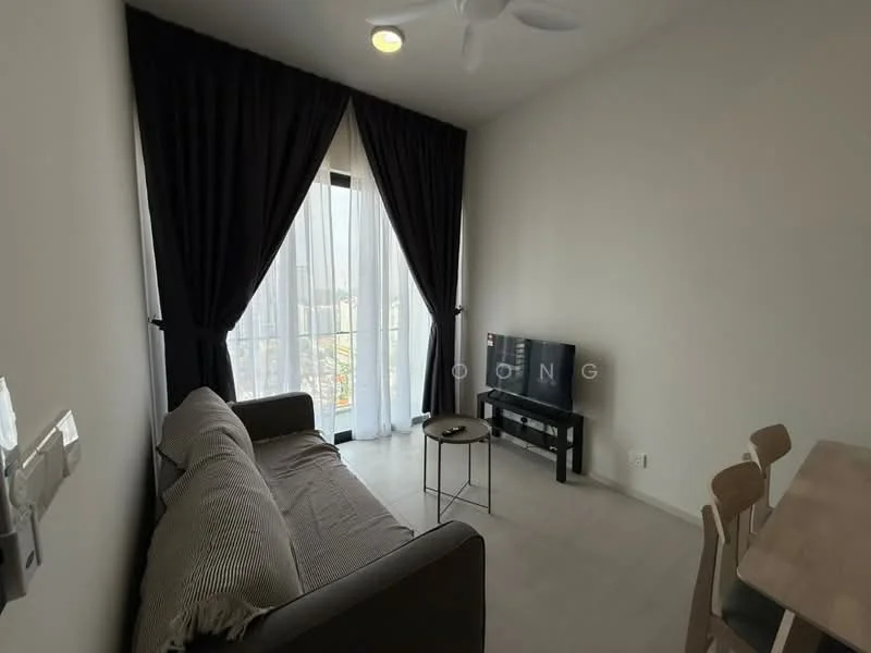 Living features: 3-seater fabric sofa in beige, floor-to-ceiling windows, blackout curtains, TV console, wall-mounted TV, small round coffee table, dining table with chairs, light-colored flooring, ceiling fan with light; style: modern; view: city.