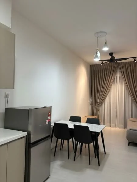 Dining features: 4-seater dining table with white marble top, black dining chairs, refrigerator, light fixture with multiple bulbs, ceiling fan, floor-to-ceiling curtains, white painted walls, light-colored tiled flooring; style: modern.