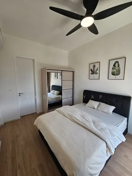 Bedroom features: king-size bed with upholstered headboard, white bedding, 2 bedside pillows, wooden flooring, 5-blade ceiling fan with light, built-in wardrobe with sliding doors, framed botanical artwork on walls, white painted walls, window with natural light; style: modern.