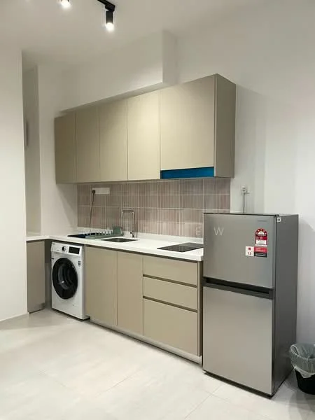 Kitchen features: light beige cabinetry, white countertop, stainless-steel sink, chrome pull-down faucet, built-in electric stove, built-in oven, stainless-steel fridge, front-load washing machine, tile backsplash in light colors, recessed downlights, grey tile flooring, wall-mounted cabinets, open shelving; style: modern.