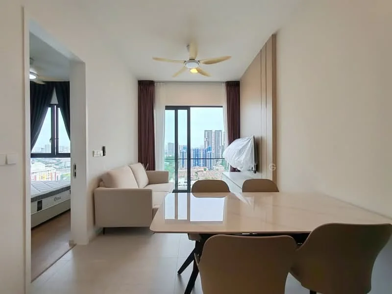 Living features: 3-seater fabric sofa in beige, coffee table, wall-mounted TV, floor-to-ceiling windows, curtains, 5-blade ceiling fan with light, light-colored walls, tile flooring; style: modern; view: city. Dining features: 4-seater dining table, upholstered dining chairs, light-colored tabletop; style: modern; view: city.