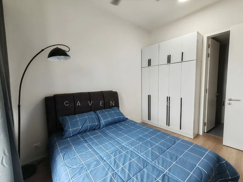 Bedroom features: queen-size bed with blue checkered bedding, upholstered headboard in dark fabric, white wardrobe with black handles, floor lamp with black shade, light wood flooring, white painted walls, ceiling fan, window with grey curtains; style: modern.