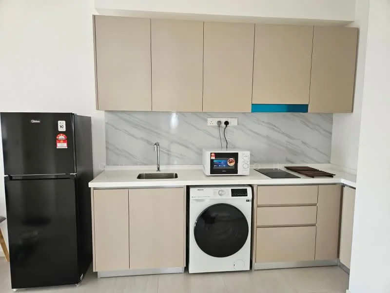 Kitchen features: black fridge, single-bowl stainless-steel sink, chrome pull-down faucet, white countertop, light beige cabinetry, built-in microwave, built-in oven, ceramic cooktop, washing machine, marble backsplash, laminate flooring, recessed downlights; style: modern.