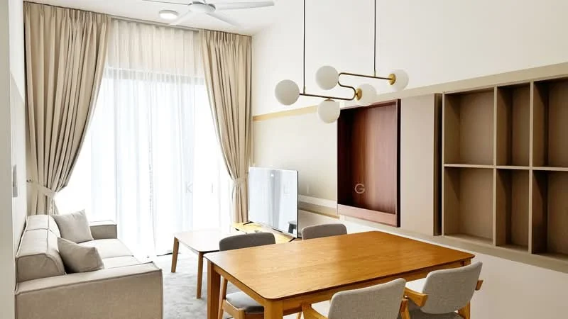 Living features: 3-seater fabric sofa in light grey, wooden dining table with 4 upholstered chairs, wall-mounted TV, light fixture with multiple globes, floor-to-ceiling windows with sheer curtains, light-coloured carpet flooring, built-in shelving unit, decorative wall panel, ceiling fan; style: modern.