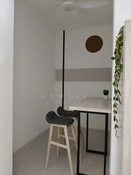 Room features: white painted walls, light grey flooring, ceiling fan, wooden bar stools, small table with black metal legs, decorative plant on table, wall with circular brown accent, striped wall design; style: modern.