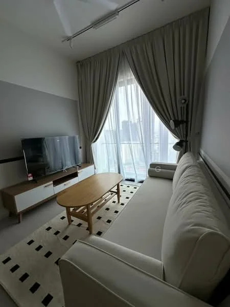 Living features: 3-seater fabric sofa in white, wooden coffee table, TV console with storage, wall-mounted TV, floor-to-ceiling windows, sheer curtains, area rug with geometric pattern, recessed downlights, light grey painted walls, light grey flooring; style: modern; view: city.