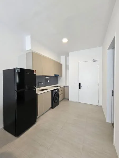 Kitchen features: black fridge, built-in cabinets in light beige, white countertop, single-bowl stainless-steel sink, chrome pull-down faucet, built-in washing machine, tile flooring, recessed downlights, white walls, door to hallway; style: modern.