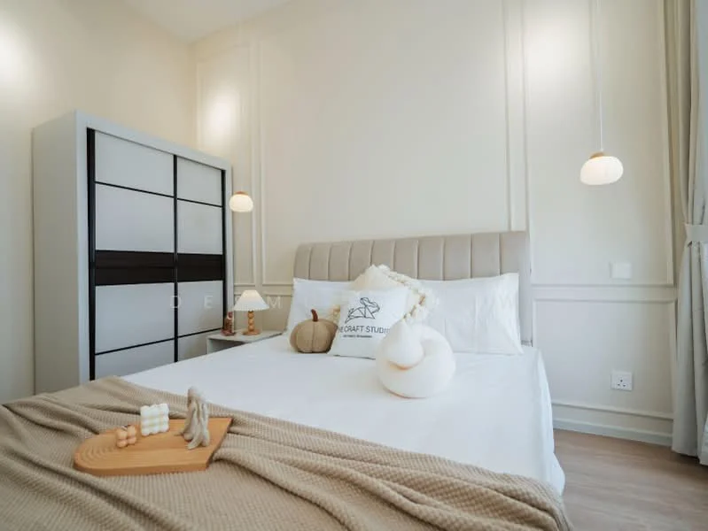 Bedroom features: queen-size bed with beige upholstered headboard, white bedding with decorative pillows, light brown knitted throw blanket, nightstand with decorative items, black and white storage cabinet, two pendant lights hanging from the ceiling, light wood flooring, white painted walls with paneling, curtains in light grey fabric; style: modern.